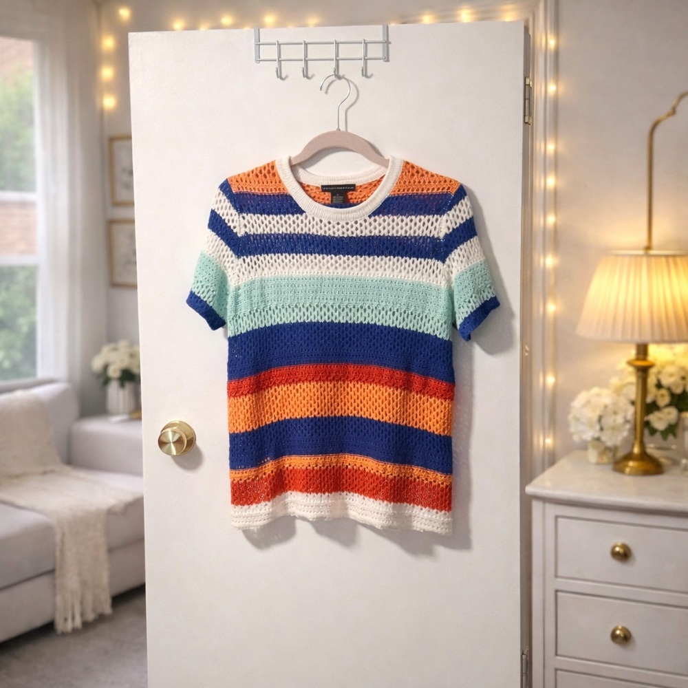 ✨ Grace Elements Striped Crochet Knit Short Sleeve Blouse Size M